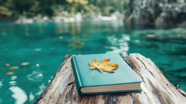 A serene scene depicts a book resting on a log with a vibrant fall leaf atop, set against a tranquil water backdrop, suggesting reflection and peace.