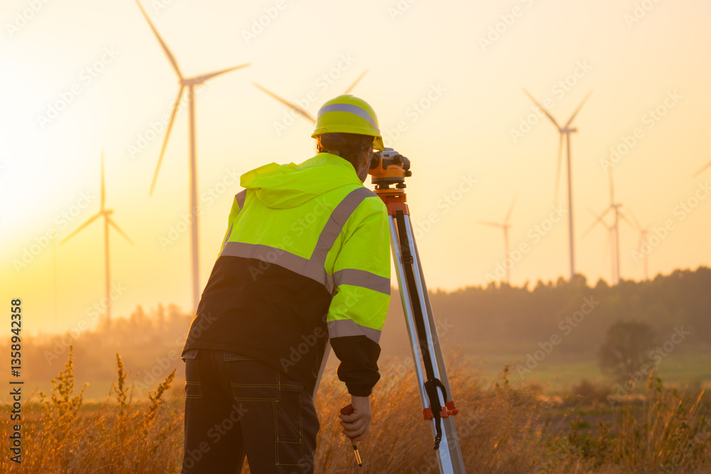 Poster engineer man working at windmill farm generating electricity clean energy. wind turbine farm generat