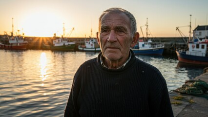 Mature Caucasian fisherman stands by harbor at sunset. Fishing boats visible, calm water, thoughtful expression. Captures maritime life and experience.