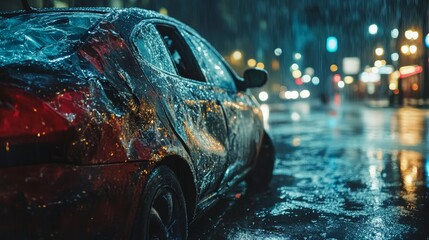 Damaged car with shattered windshield and scratched paint parked on a quiet street, depicting vehicle accident aftermath and insurance claim scenarios.