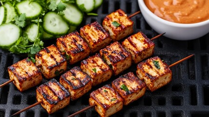 Plate of grilled tofu with a bowl of sauce next to it. The tofu is cut into small cubes and is grilled on a black grill. The sauce is a brown gravy