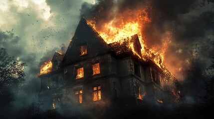 A burning, abandoned building flames licking through shattered roof tiles, thick smoke pouring into the sky creating a haunting scene.  