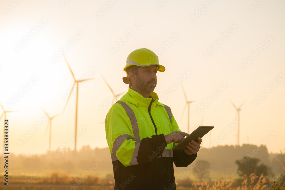 Aufkleber engineer man working with tablet at windmill farm generating electricity clean energy. wind turbine 