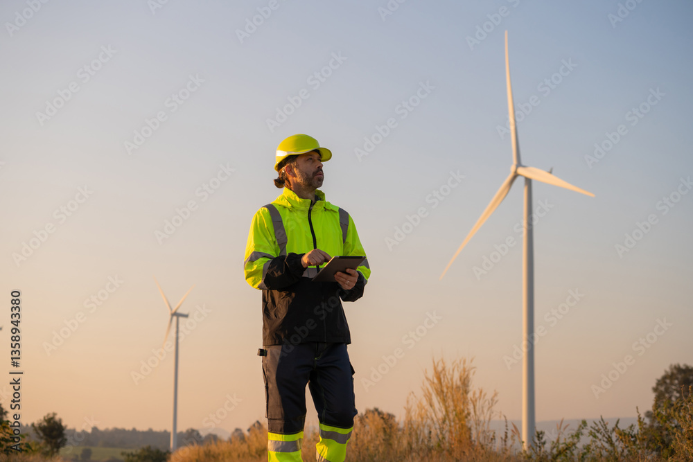Poster engineer man working with tablet at windmill farm generating electricity clean energy. wind turbine 