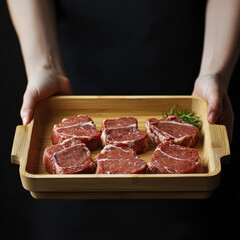Fresh meat cuts displayed on wooden tray, held by person. rich color and marbling of meat highlight its quality, making it appealing choice for culinary enthusiasts
