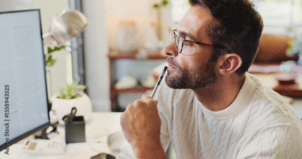 Poster computer, reading or man with glasses in remote work for newspaper article, report information or re