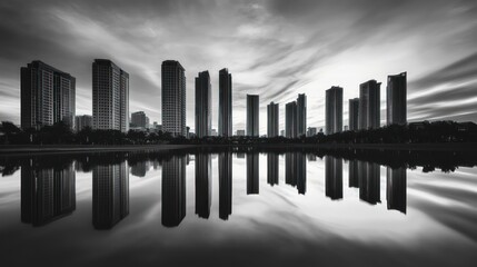 Cityscape skyline reflected in tranquil lake at dawn.  Possible use Stock photo for architectural, urban, or nature themes