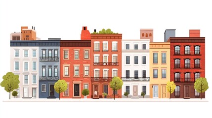Obraz premium A cartoon block of houses in the city, red brick facade, decorated balconies, and small trees lining the sidewalk, on a plain white background. 