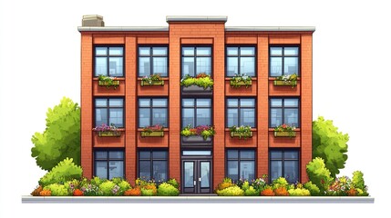 Naklejka premium A cartoon urban building with brick walls, large windows, and flower boxes, perfect for a lighthearted cityscape design, isolated on white. 