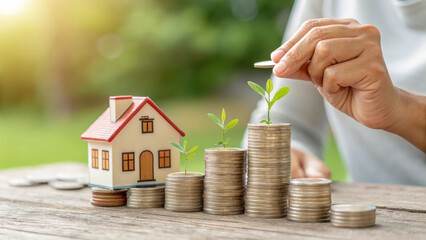 A person stacking coins with a house model on top, representing home affordability and investment growth.