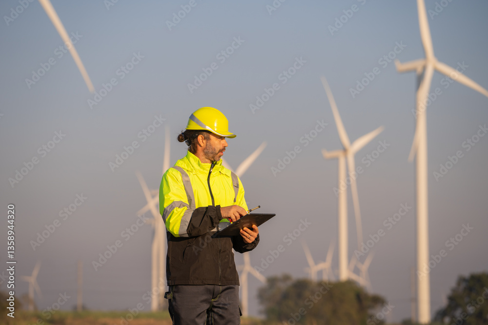Poster engineer man working with tablet at windmill farm generating electricity clean energy. wind turbine 