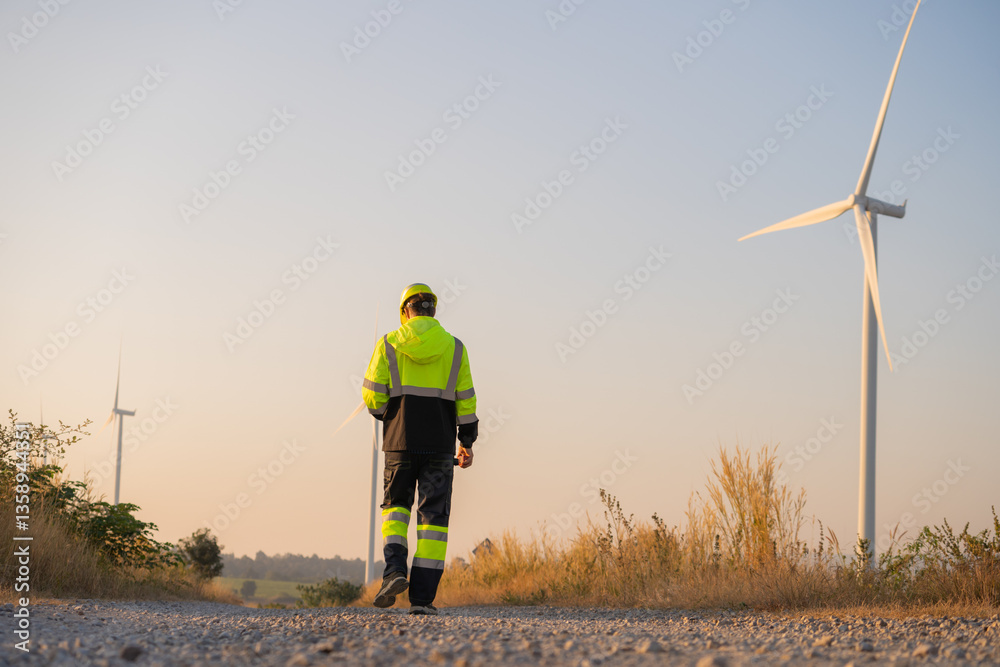 Aufkleber Engineer man working with tablet at windmill farm Generating electricity clean energy. Wind turbine farm generator by alternative green energy.
