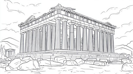 Ancient Greek temple line drawing, dramatic cloudscape background, for coloring book or educational use