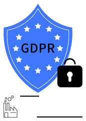 Blue shield with GDPR in bold, stars, and secured lock. Small factory icon signifies industrial compliance. Ideal for data privacy, compliance, security, transparency, trust regulation flat simple