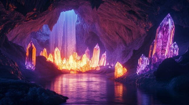 A cavern cloaked in darkness lit by the eerie glow of crystals their light casting long shadows on the still, foreboding water.  
