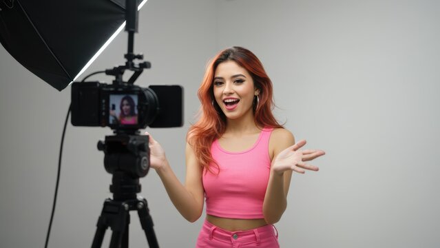 Happy young Hispanic vlogger in pink outfit interacts with audience in studio setup. Brightly lit, cheerful, authentic content creation shown.