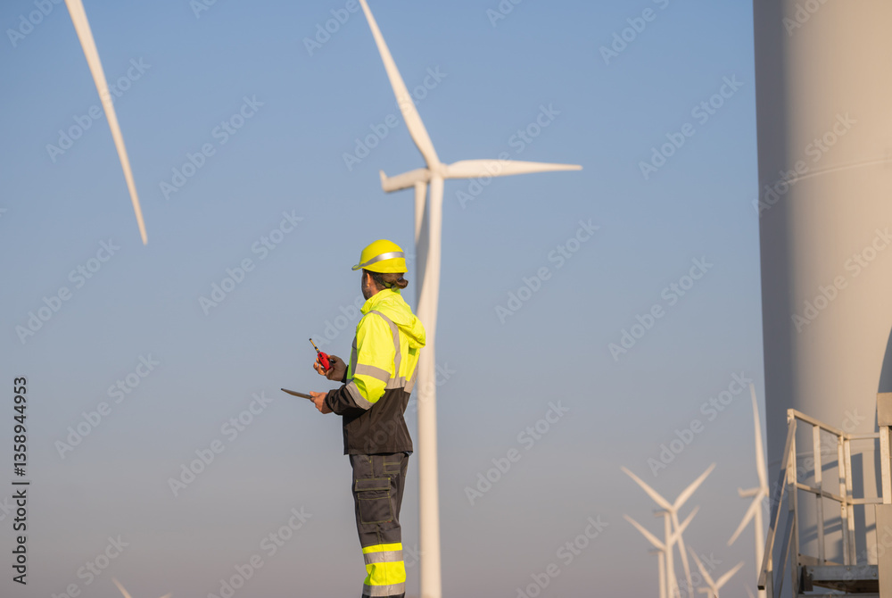 Aufkleber Engineer man working with tablet at windmill farm Generating electricity clean energy. Wind turbine farm generator by alternative green energy.