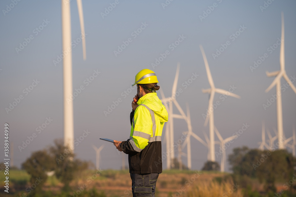 Poster Engineer man working with tablet at windmill farm Generating electricity clean energy. Wind turbine farm generator by alternative green energy.