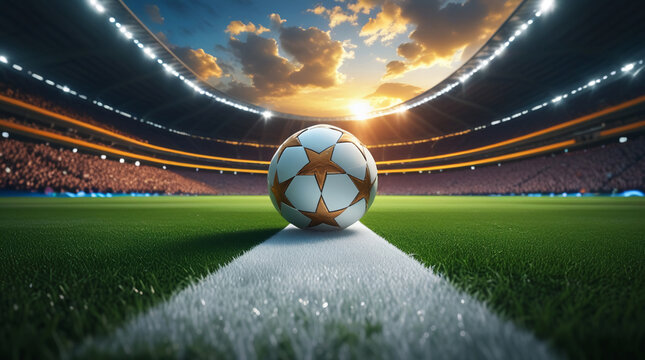 AI Generative. A realistic soccer stadium scene with a close-up of a champions league soccer ball perfectly placed on the white centerline of a lush green field. 2