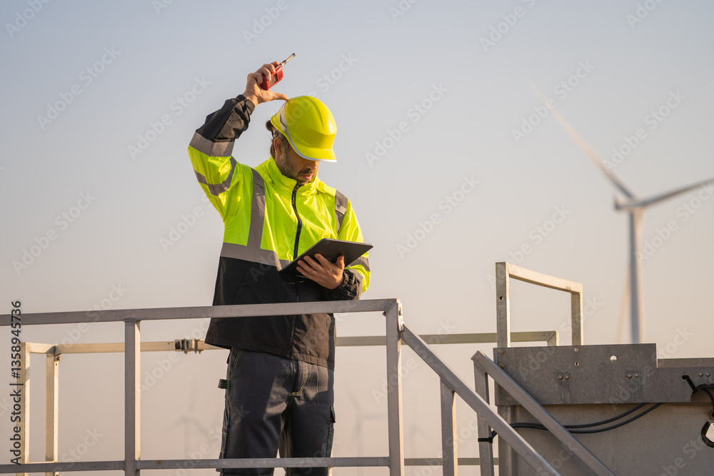 Poster engineer man working with tablet at windmill farm generating electricity clean energy. wind turbine 