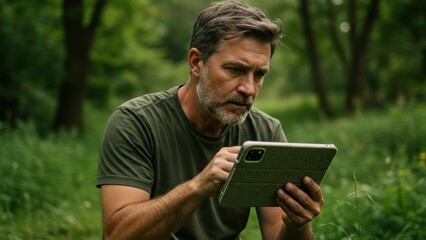 Fototapeta premium Caucasian man in his 40s uses a tablet in lush green scenery. Toned light, focused expression, lifestyle concepts of technology and nature.