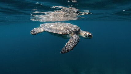 Fototapeta premium Sea turtle swims underwater with sunlight reflection. Marine life in natural habitat. Ocean conservation awareness and environmental sustainability.