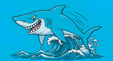 Naklejka premium Cartoon Shark Clipart Leaping from Stylized Ocean Waves