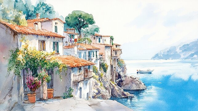 A charming watercolor of an Italian village, rustic houses with ivy-covered walls perched above a serene blue bay, on a white background.  