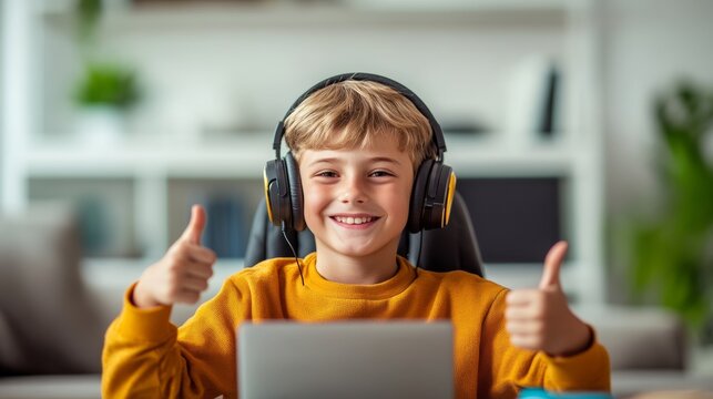 Young boy wearing headphones and a yellow shirt is giving a thumbs up. He is sitting in front of a laptop computer