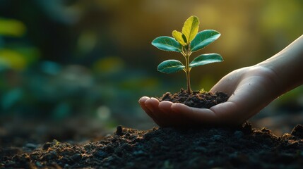 Fototapeta premium Nurturing New Life: A Seedling in Caring Hands