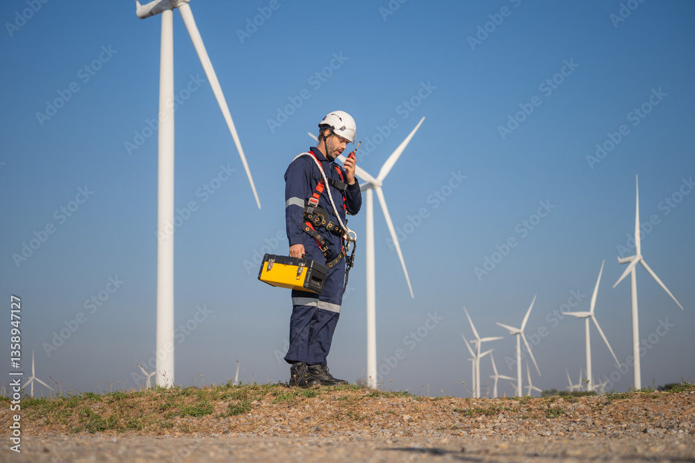 Poster engineer man working at windmill farm generating electricity clean energy. wind turbine farm generat
