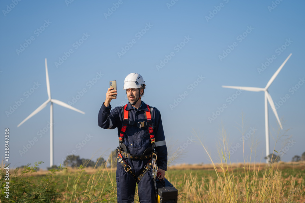 Poster engineer man working at windmill farm generating electricity clean energy. wind turbine farm generat