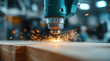 A close-up of a laser cutting machine creating sparks as it works on wood, showcasing advanced technology while highlighting precision in craftsmanship and innovation.