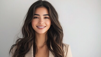 Fototapeta premium Young Elegant Woman with Long Wavy Hair Posing Gracefully