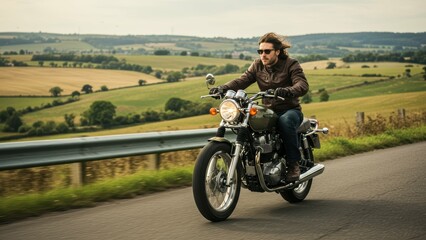Obraz premium Man, 30s, riding vintage motorcycle on road through countryside during daytime. Rural transportation with leather jacket and sunglasses. Freedom, adventure.