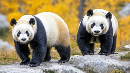 Fototapeta premium Two giant pandas standing on rocks, autumn foliage background.