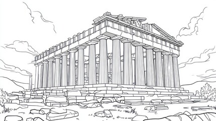 Greek temple drawing, outline, coloring book