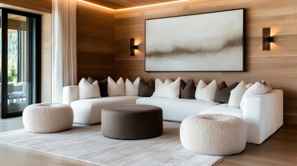 A stylish modern living room featuring elegant furniture, soft textures, and minimalist decor, creating a cozy and inviting space for relaxation and comfort.