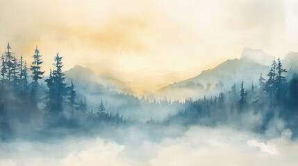 Misty watercolor landscape background of dense coniferous forest and mountain range.