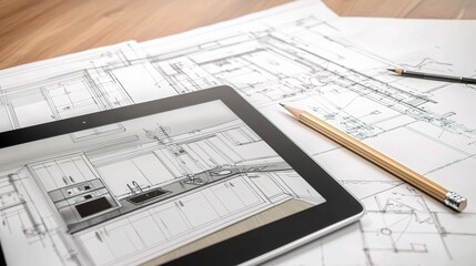 Digital Tablet Showcasing 3D Kitchen Design Plans and Blueprints