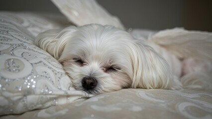 Small, fluffy white Maltese dog is asleep on an ornate pillow. Indoor setting. Represents relaxation, companionship, and pet ownership.