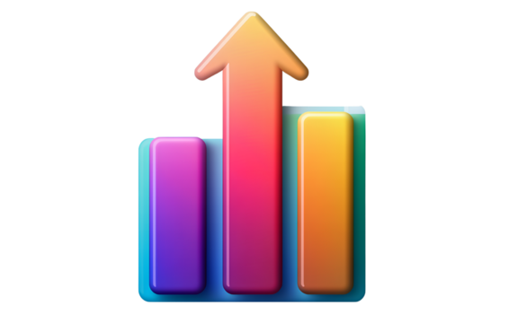 Colorful bar graph icon with an upward-pointing arrow, isolated on a transparent background - Powered by Adobe