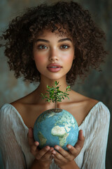 Naklejka premium Mother Earth Day or protection of the environment of the globe. Saving the planet. A dark-skinned curly-haired woman holds a globe with a tree sprout in her hands.
