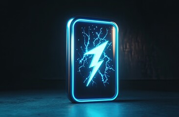Futuristic energy symbol.  A glowing lightning bolt graphic on a dark rectangular frame, with a metallic, reflective edge.  Neon light accents the design