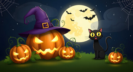 A vibrant Halloween scene featuring a large, grinning pumpkin