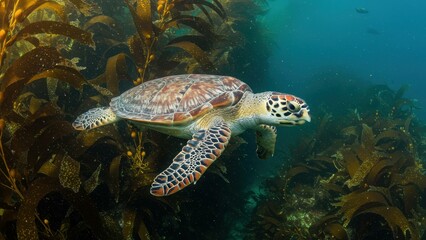 Obraz premium Sea turtle swims amongst kelp forest in ocean environment, Underwater shot shows wildlife in natural habitat, Conservation, sustainability and marine ecosystems are themes,