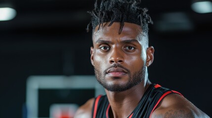 A focused basketball player gazes intensely at the camera, showcasing determination and strength, capturing the essence of sports passion and the relentless pursuit of excellence in the game.