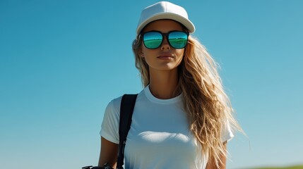 A stylish woman wearing a cap and sunglasses stands confidently against a clear blue sky, embodying the spirit of adventure and exploration in summer.