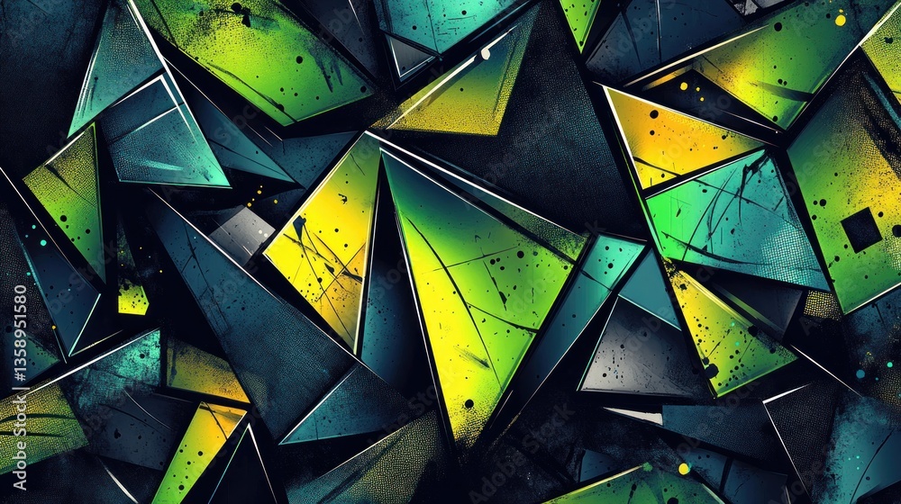 Poster triangular pattern burst with vibrant greens yellows and teals creating an artistic fractured dynami