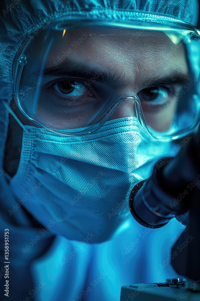 Aufkleber focused scientist in protective gear examines sample through microscope, showcasing dedication and p